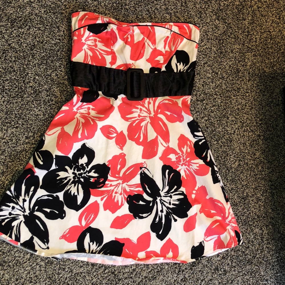 Coral Pink Black Dress Tropical Floral Print Small